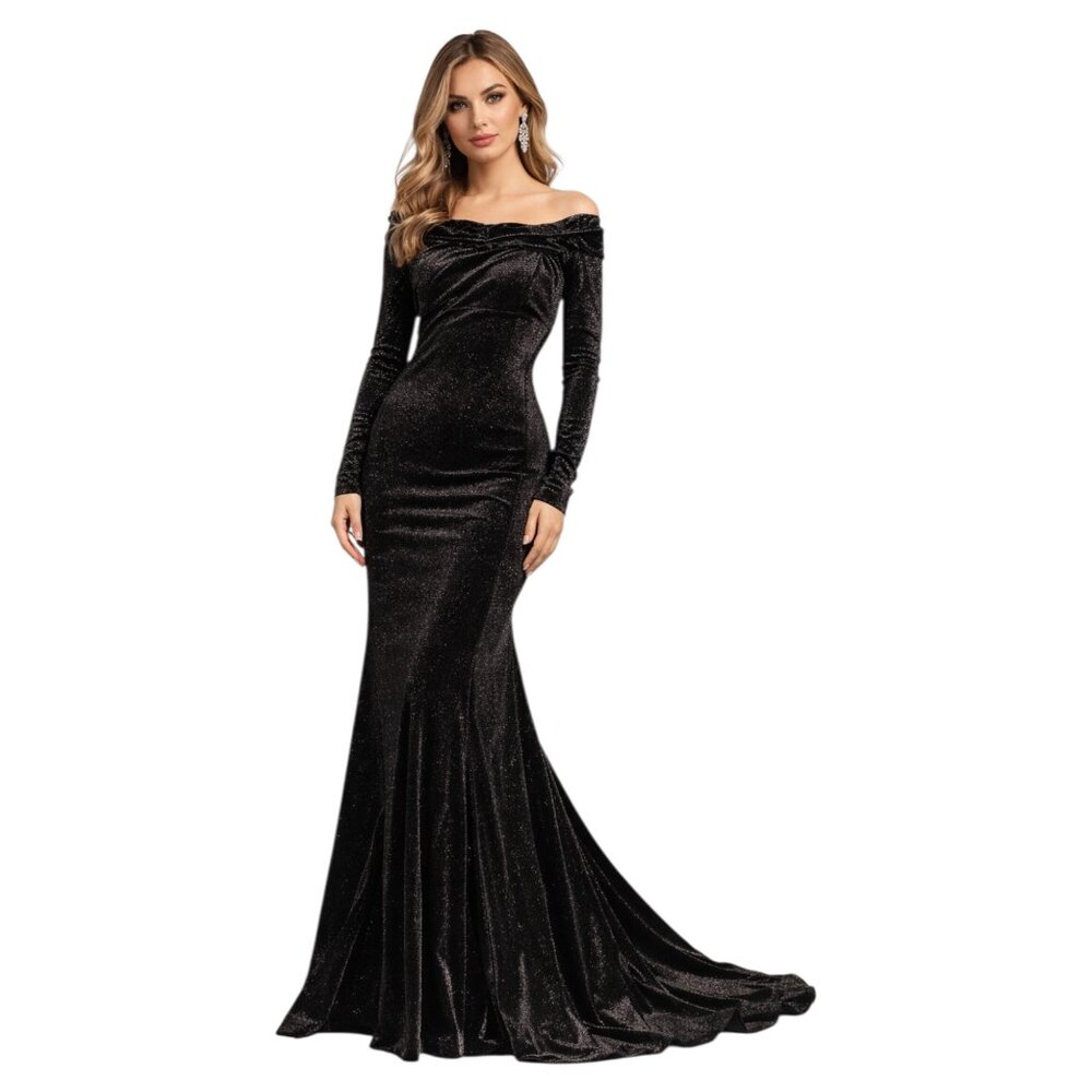 Women’s Black Velvet Off Shoulder Mermaid Maxi Dress with Slit, S